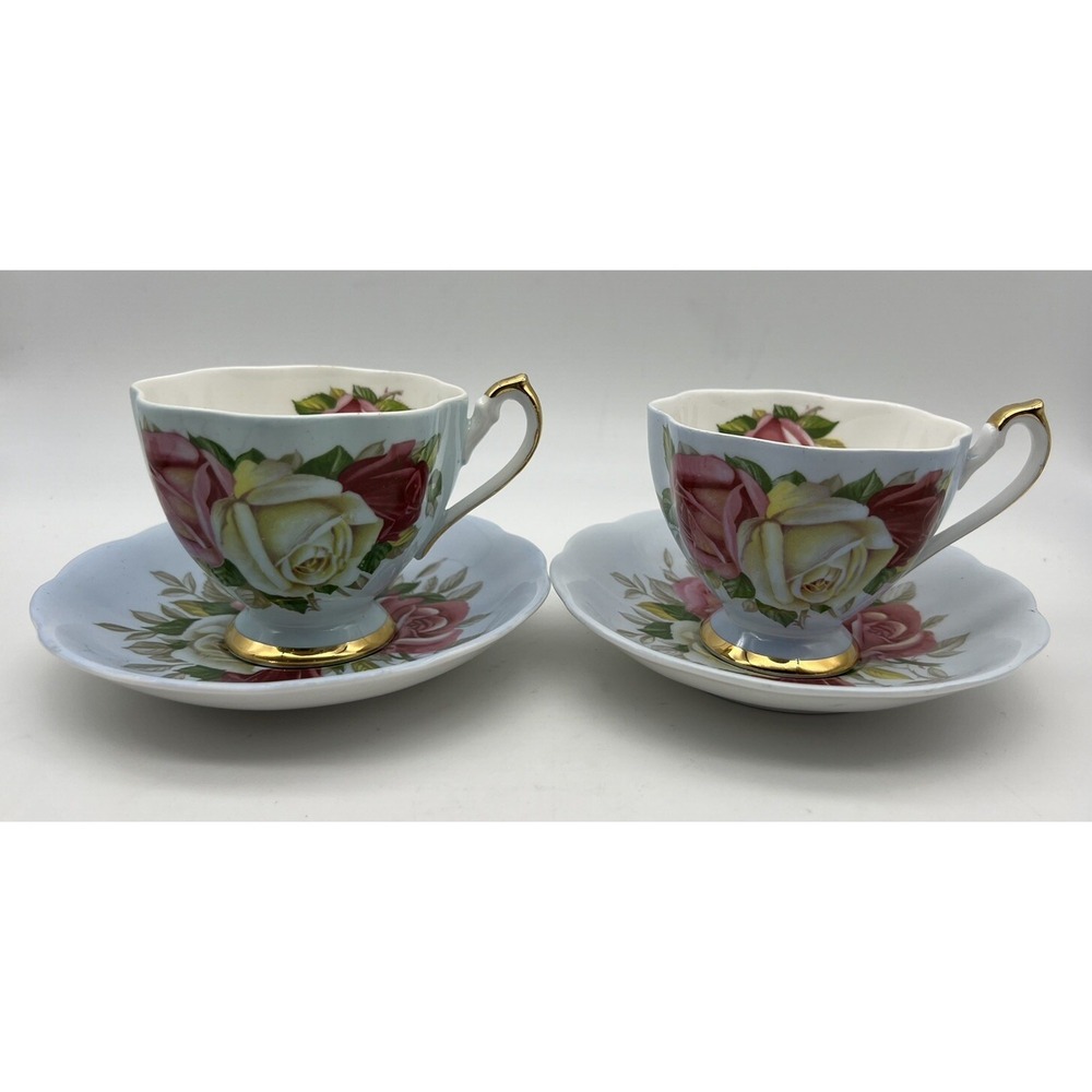 Vintage Queen ANNE Blue CABBAGE ROSE Cup & Saucer Set of 2